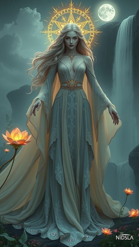  a regal, ethereal goddess draped in intricately woven gowns with ancient Valyrian magic and mystical runes, set against a dreamlike, atmosp...