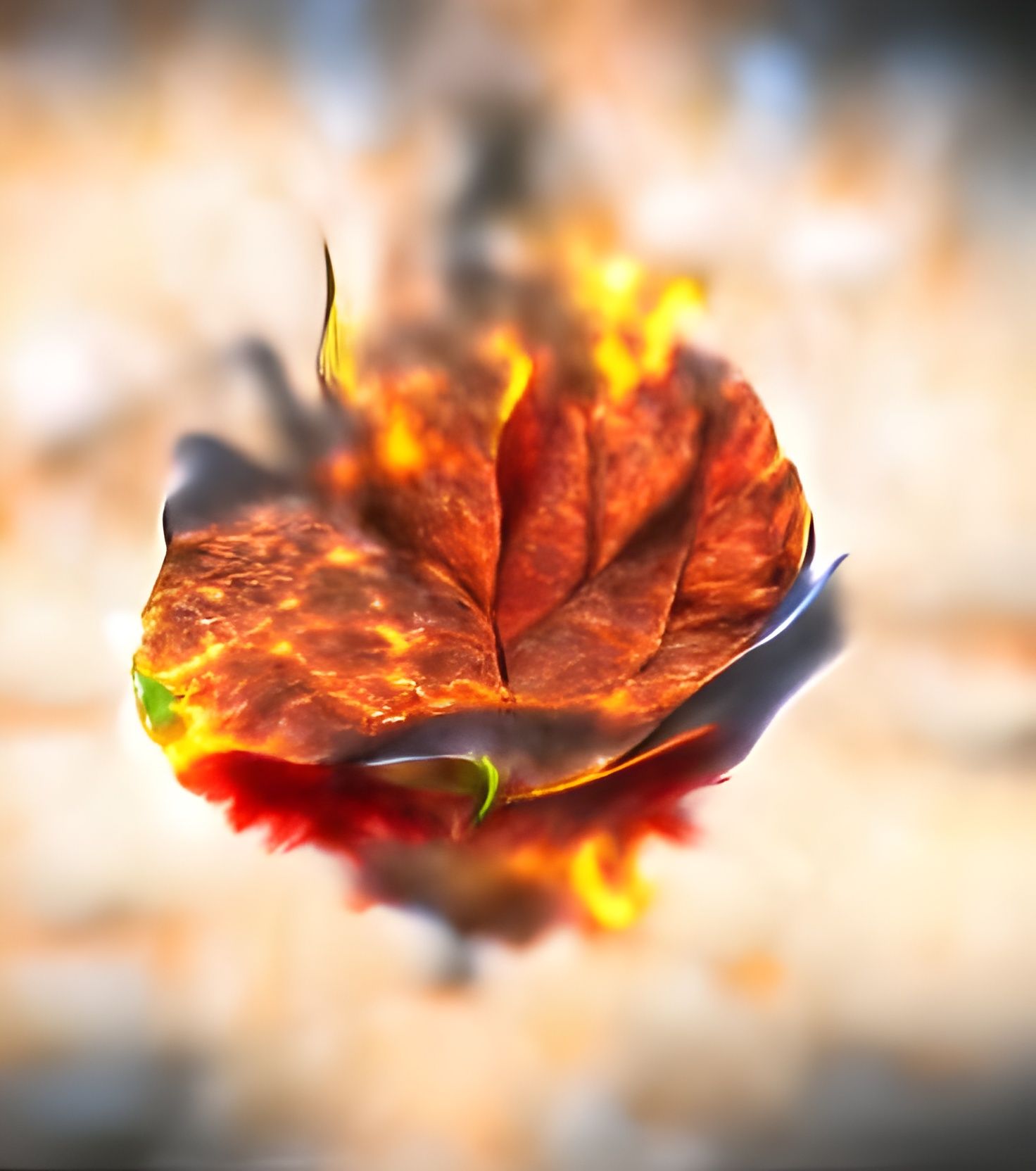 Autumn leaf bursting into flames cinematic highly detailed 8 k