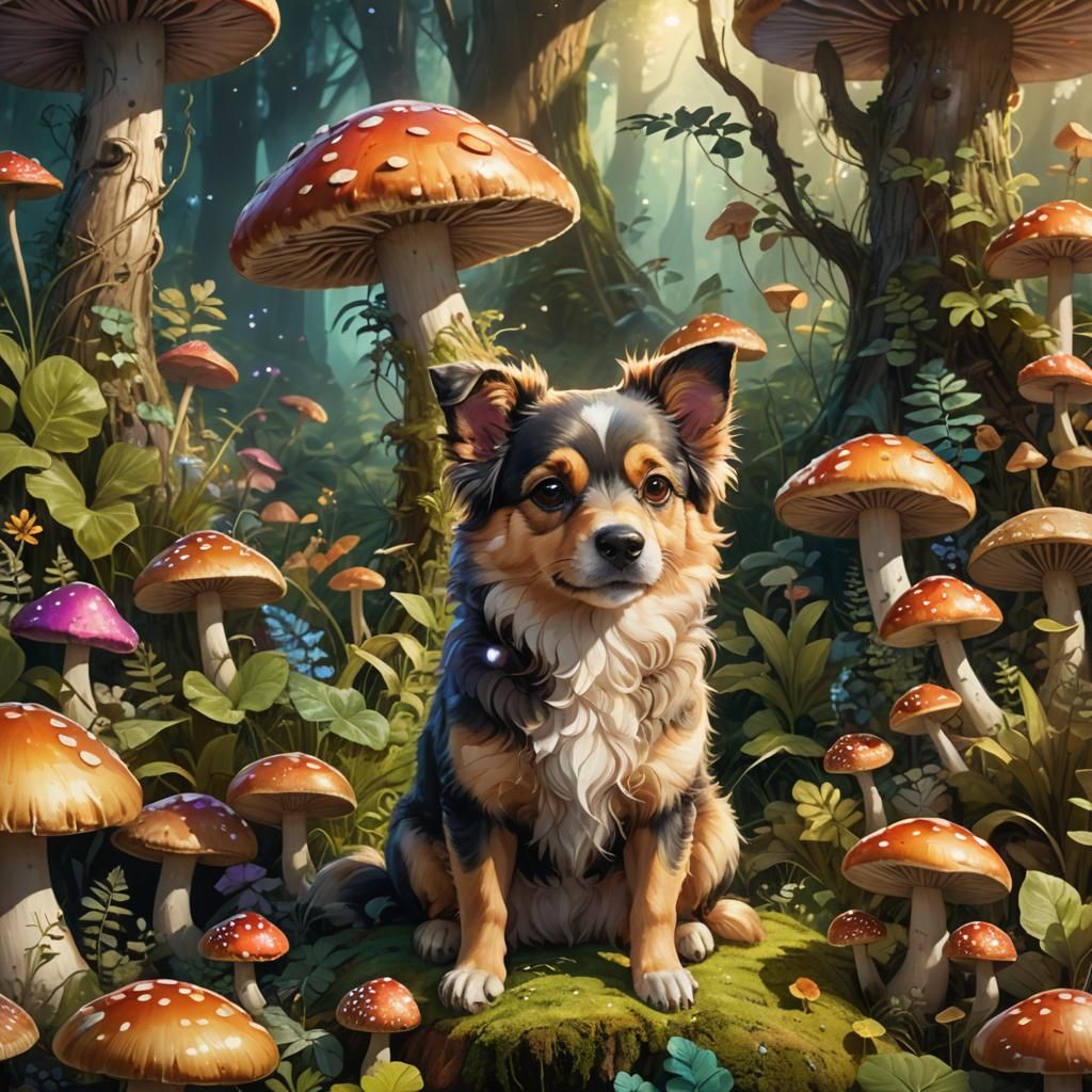 Dog on Mushroom in Dreamy 3D Concept Art
