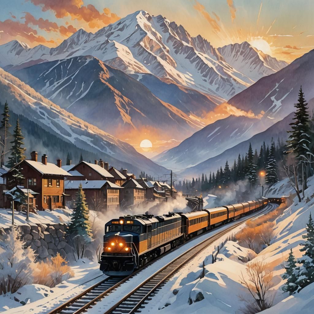 Train Journey Through Snow Mountains: Watercolor Impressioni...