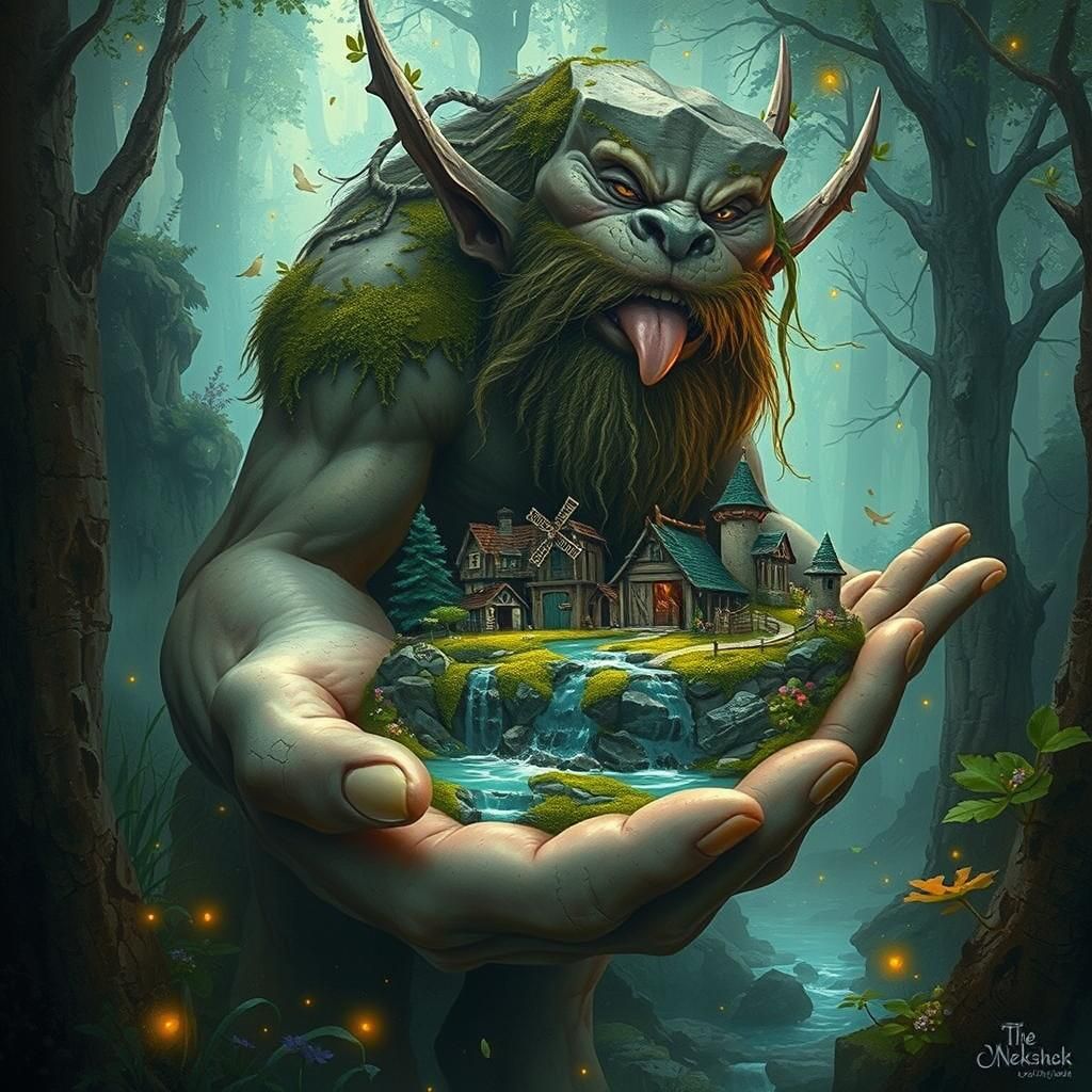 AI FAIL: 😆A magnificent gentle rock troll carrying a tiny v...