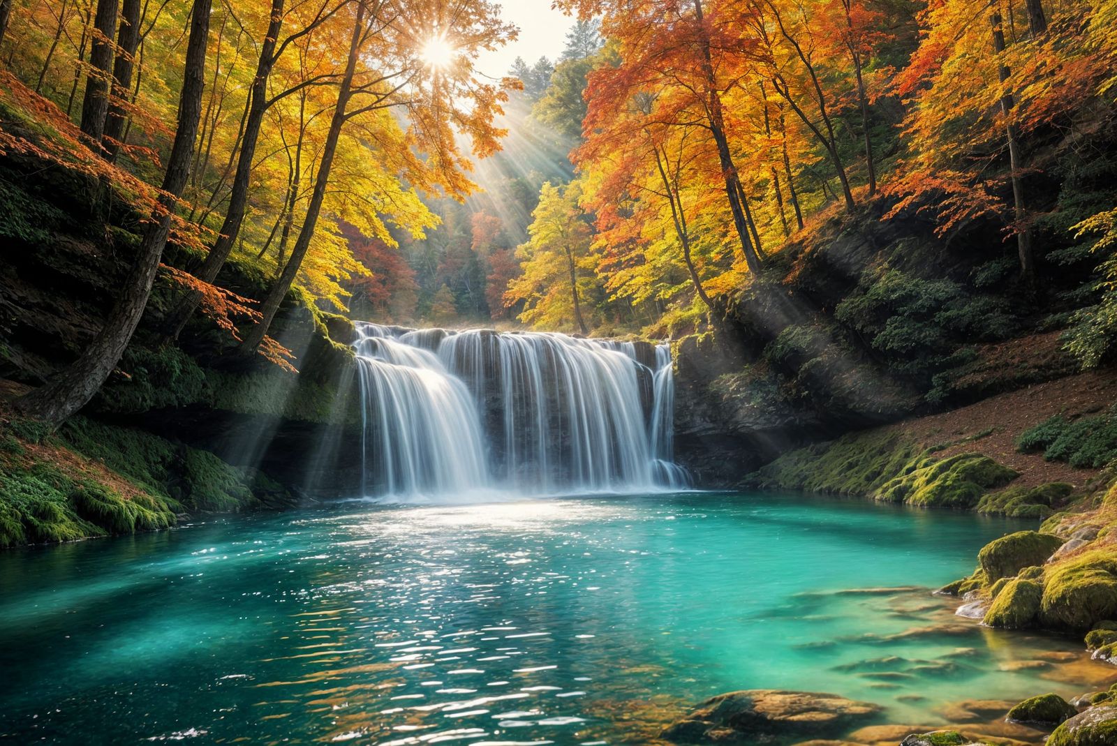 Nature photograph featuring a waterfall in a forest during the autumn season  by @Fokje