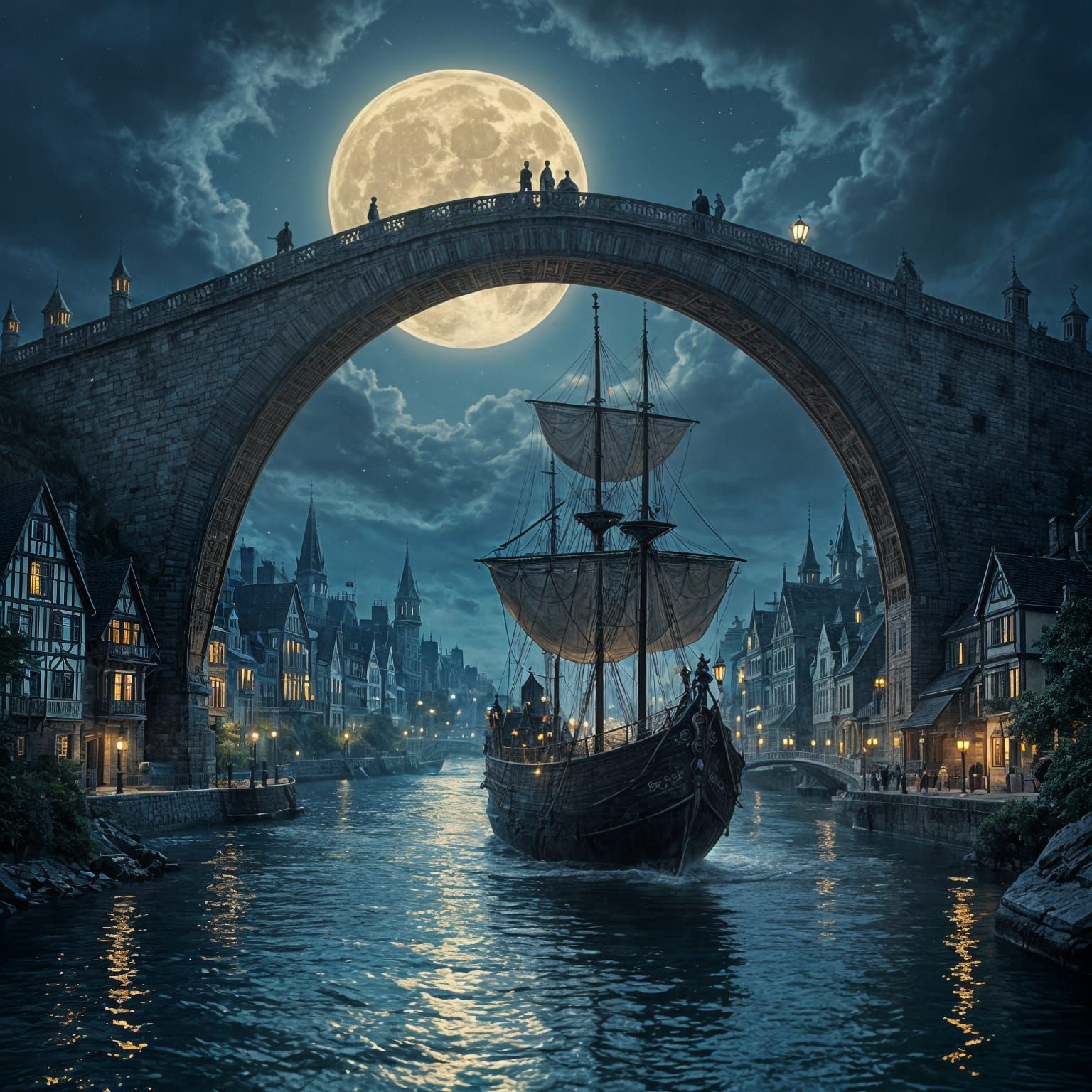 Gothic Ship Sails Under Moonlit Bridge