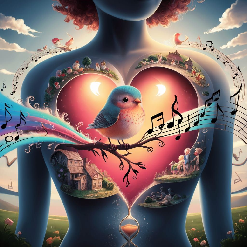 Heart Bird: A Dreamlike Illustration of Life's Symphony