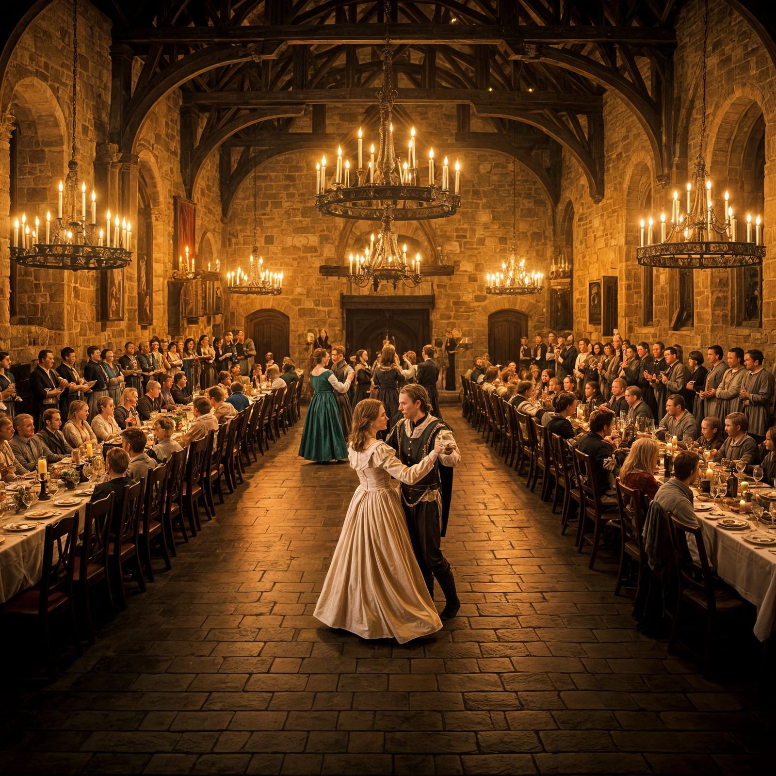 the medieval great hall of the southern kingdom with banquet tables at the outer edges and medieval ladies ...  by @AmyLuPotter
