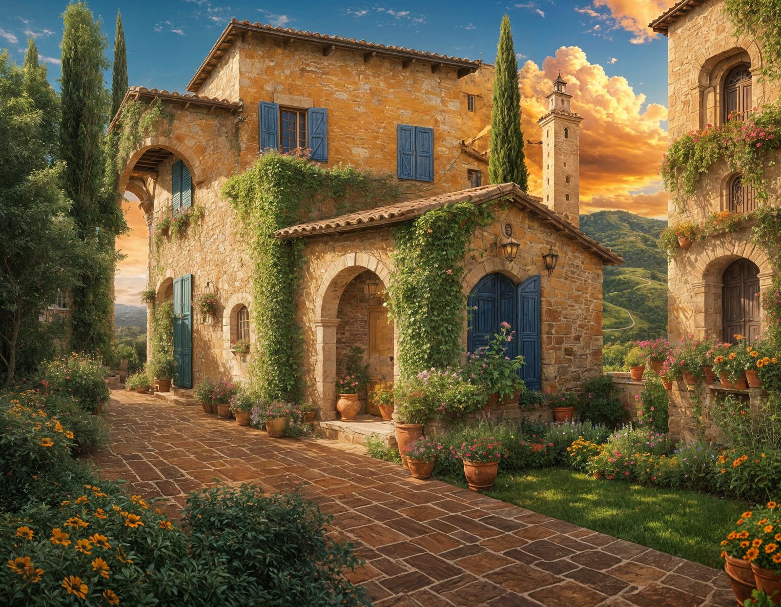 Surreal Tuscan Mansion in Vibrant Color