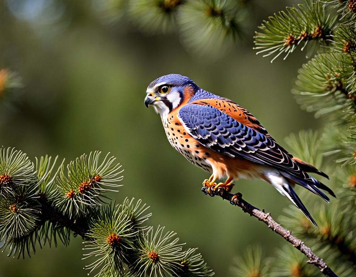 a beautiful male American kestrel flying through the trees