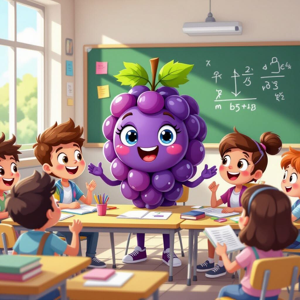 Happy cartoon grape students enjoy time together in math class