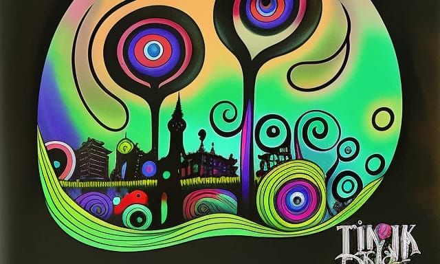 Comic City downtown, deep color psychedelic art underground comix sketch ink drawing on newspaper, wet brush, ink splash