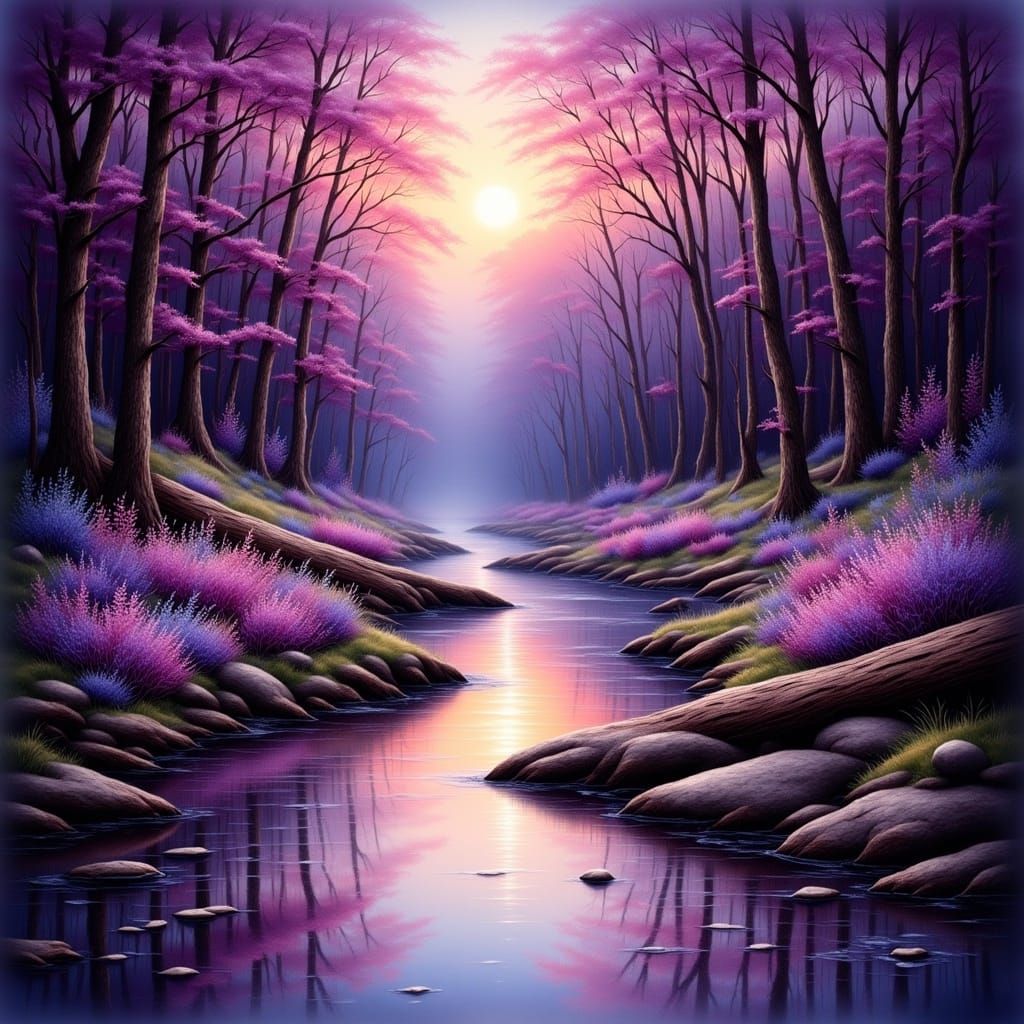 <lora:Dreamy Enchantment:1.0> Beautiful mauve and purple toned forest w/highly reflective creek, evening time, highly detailed, 8k resolutio...
