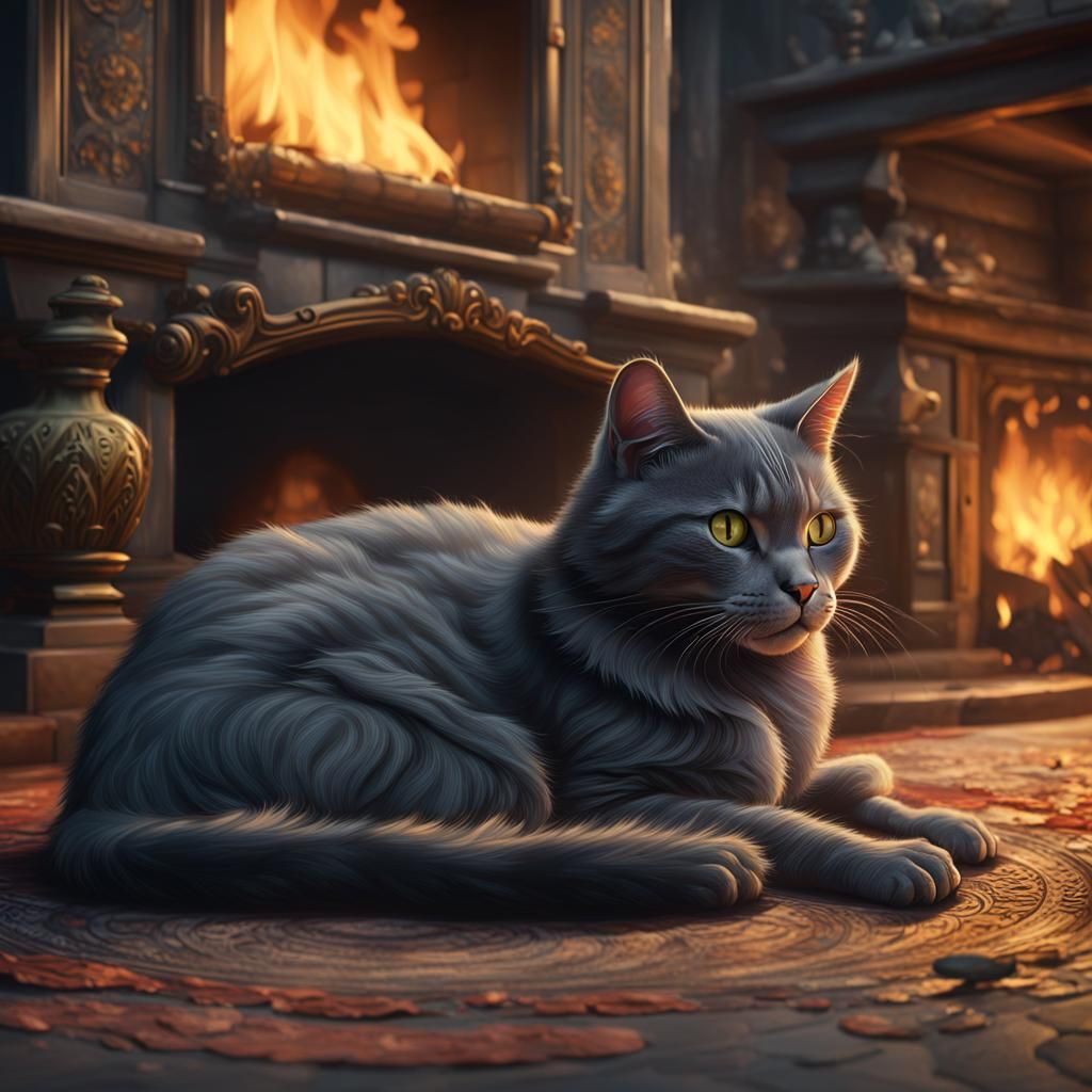 A  grey cat laying on a run in front of a fireplace.
