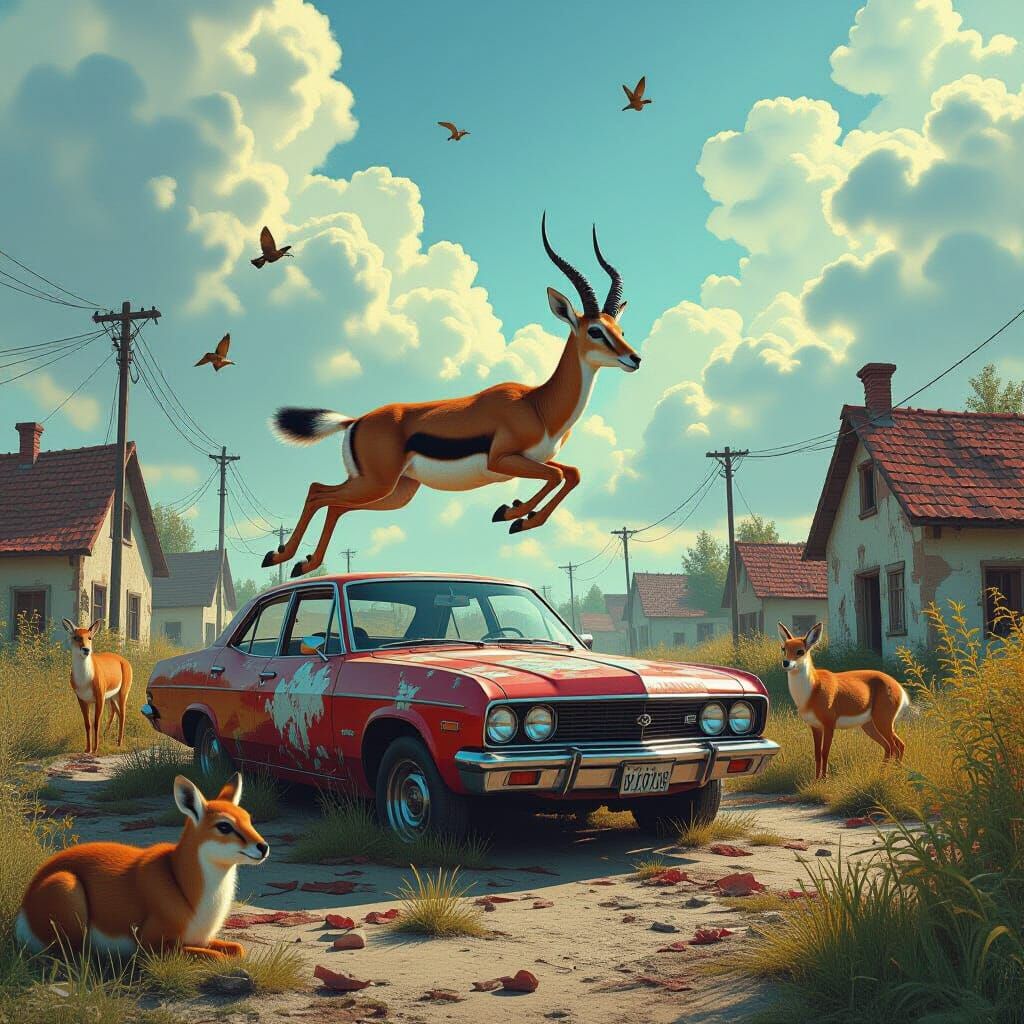 Gazelle Leaps Over Abandoned Car in Surrealist Digital Paint...