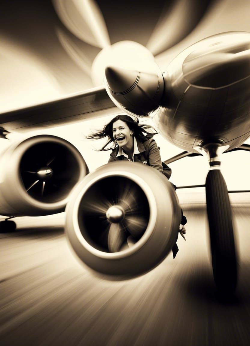 spinning propellor;calotype;female pilot in cockpit waves through blur