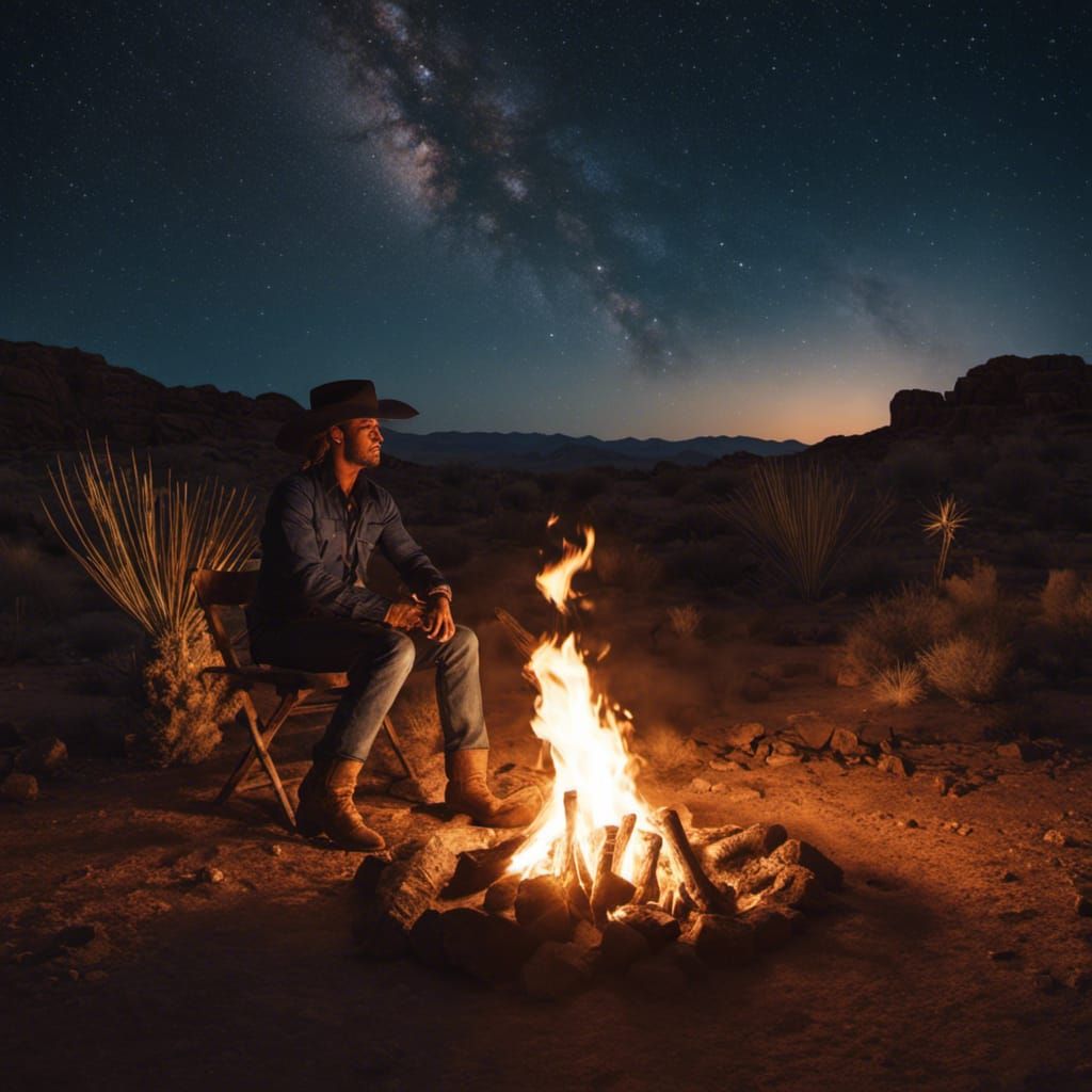 a cowboy sit by a bonfire on the arizona desert. detailed photograph, centered, uncropped, bonfire light only. Starry sky, cinematic, vivid,...