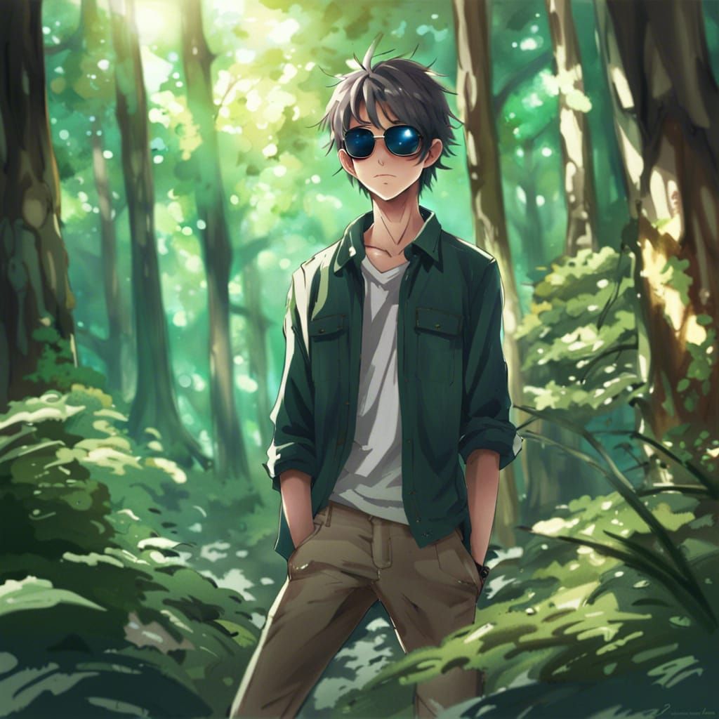 manchild in a forest with sunglasses