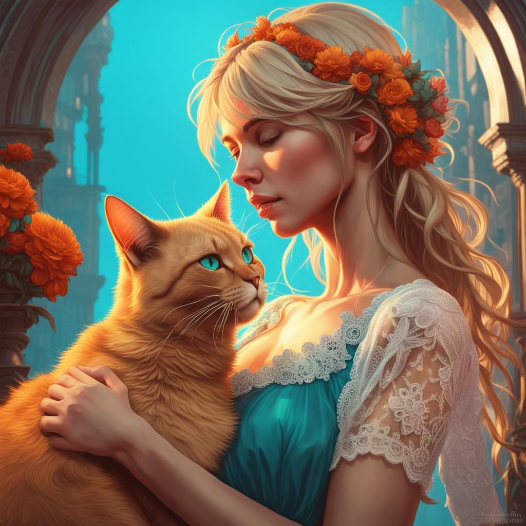 Blond Girl and Cat in Love: Art Nouveau Style