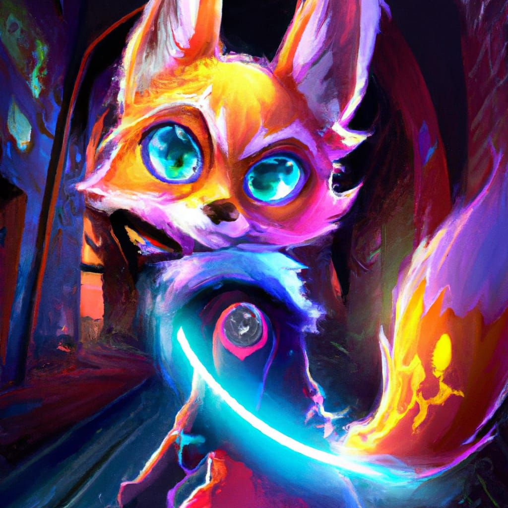 A chibi fox with glowing eyes swirling with magic in a city alley - AI ...