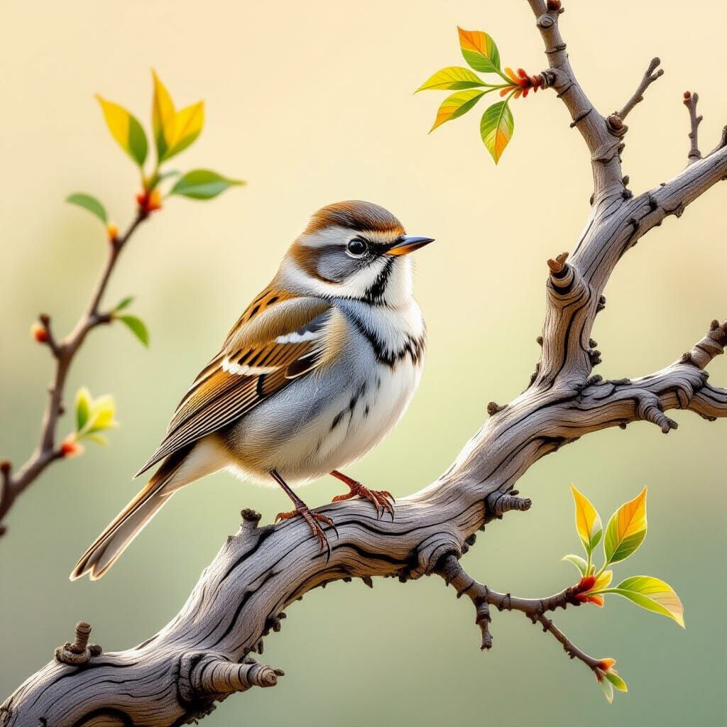 Songbird on Gnarled Branch in Delicate Illustrative Style