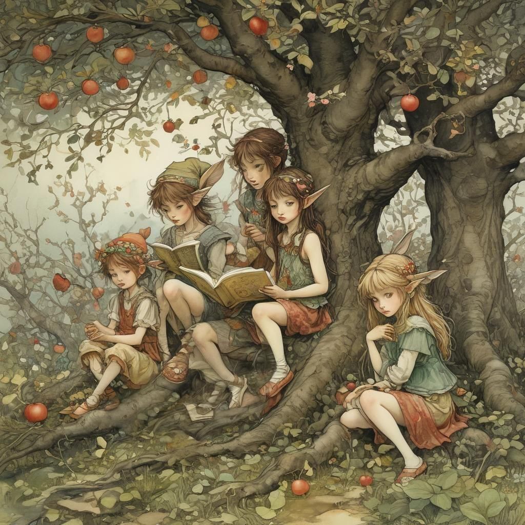 Faeries and elves sitting under an apple tree and reading 