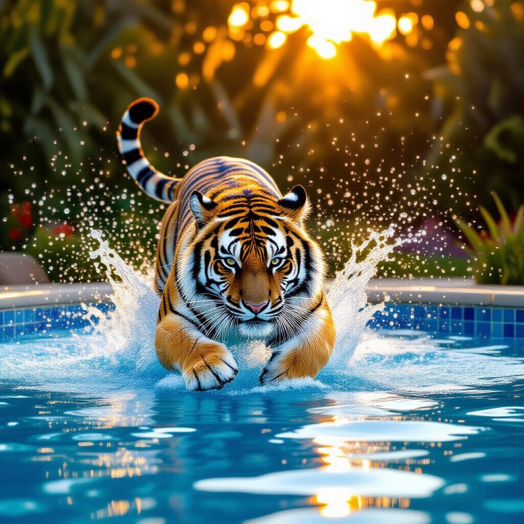 Siberian Tiger Leaps Into Pool in Golden Hour