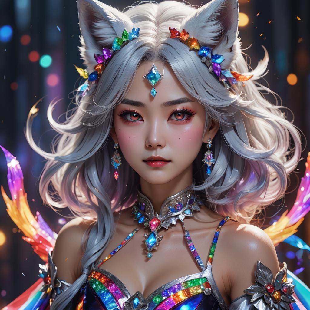 korean lady silver hair rainbow dress rainbow crystals white...