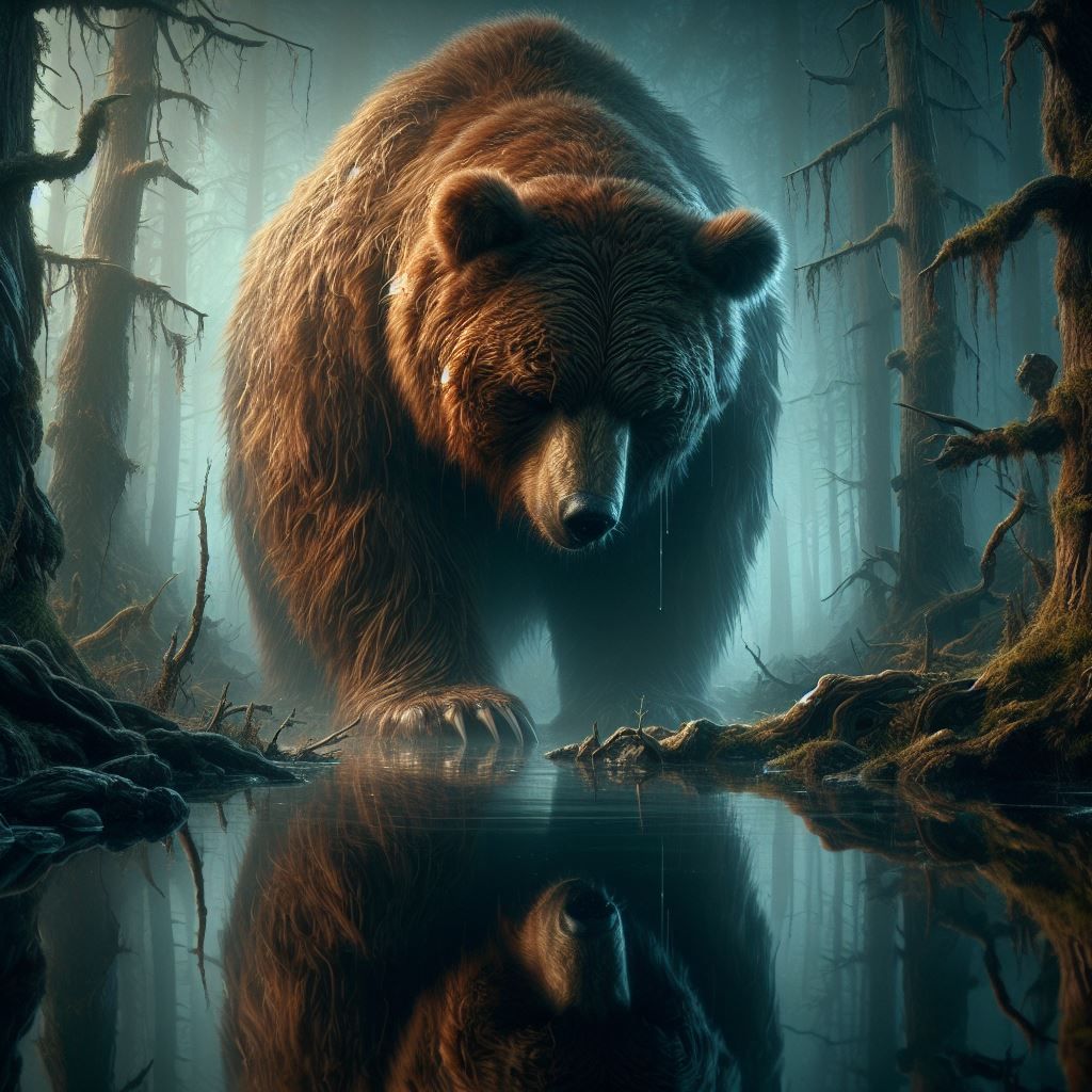photograph: Snide sarcastic Obese Bear Hydromancer; looking down at his reflection; mythic forest twilight;