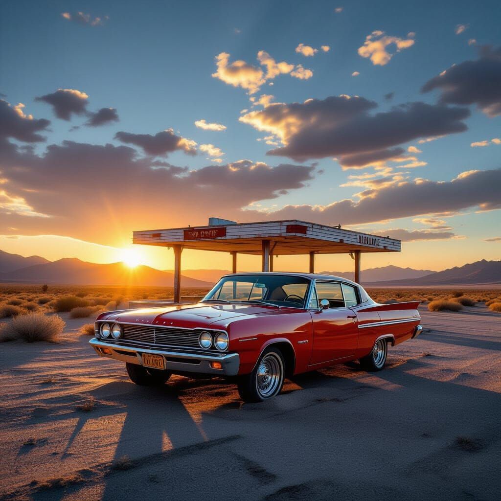 A lone, vintage 1950s diner sits abandoned on a dusty desert highway, bathed in the dramatic, low-angle light of a setting sun. The chrome o...