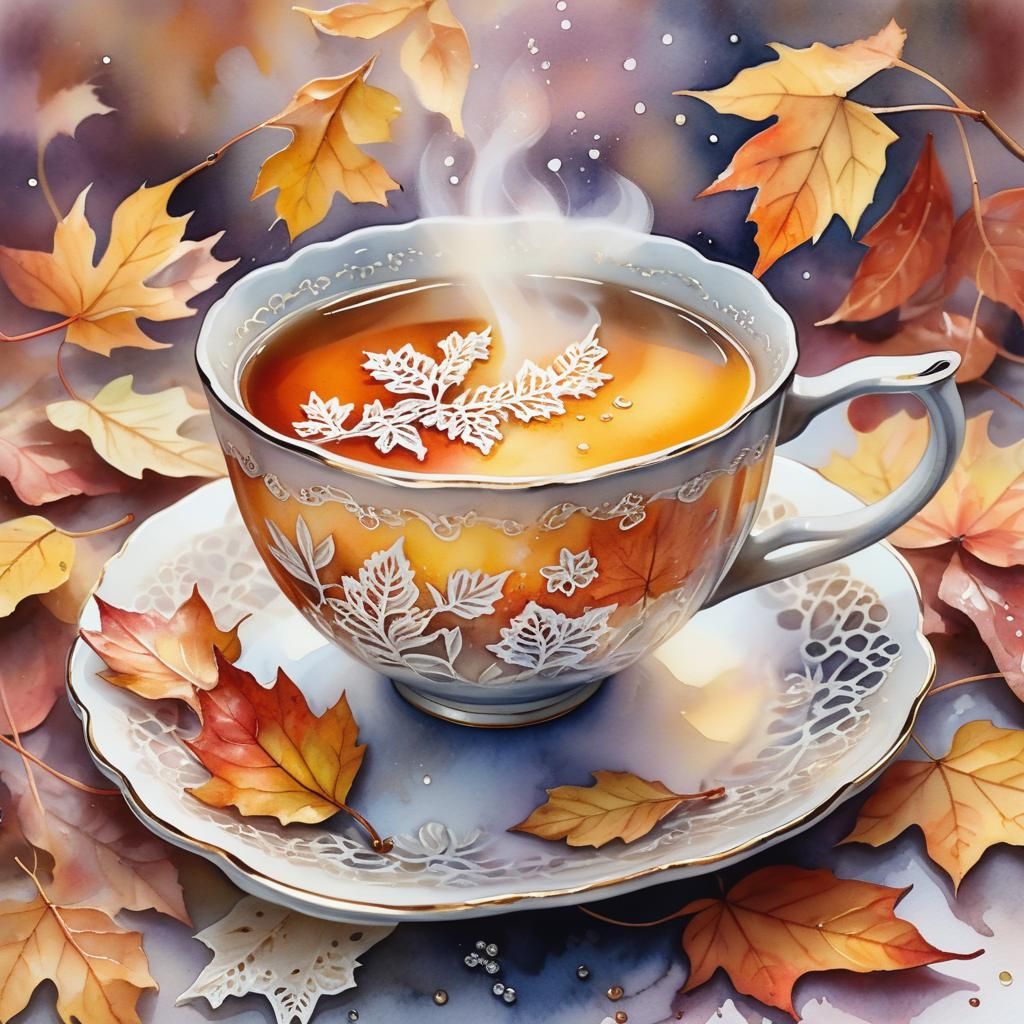 Mega-realistic sketch, macro cup of tea, 
lace, stars, flat ...