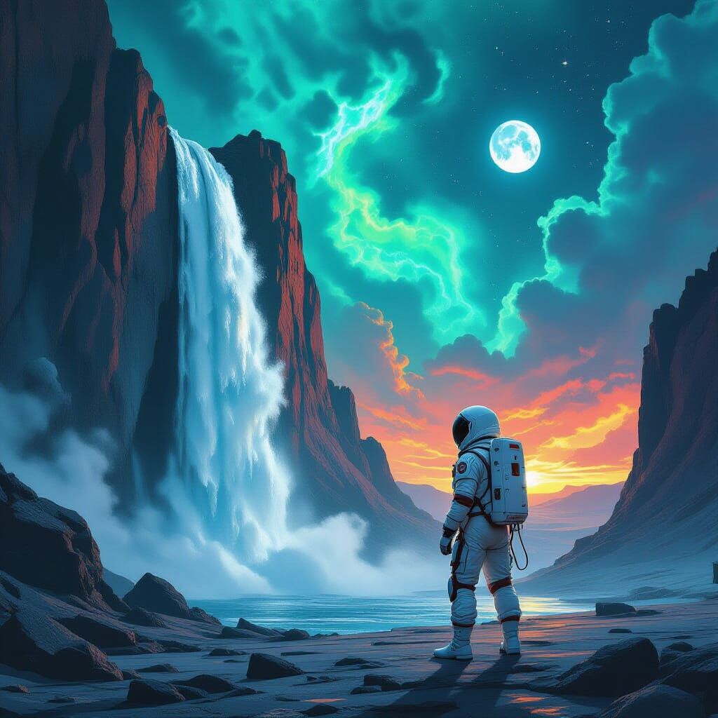 A lone great white long haired rapper, clad in a weathered, retro-futuristic spacesuit, stands on a desolate alien planet. Before them, a co...