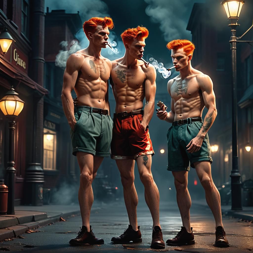 two shirtless young red men, one a red head, in 1950s era shorts under a  streetlight smoking, standing one close behind the other - AI Generated  Artwork - NightCafe Creator