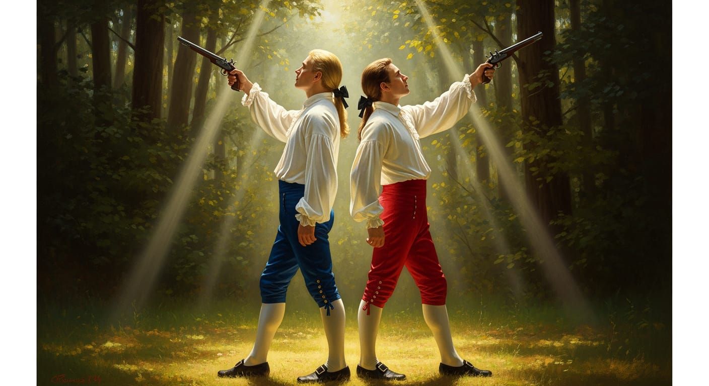 Two aristocratic nobles stand back-to-back, they hold pistols at the ready. They slowly walk away from each other. They ...