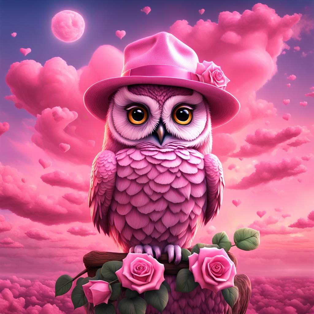 A pink lovely female Owl wearing a pink fedora.🦉🥰
