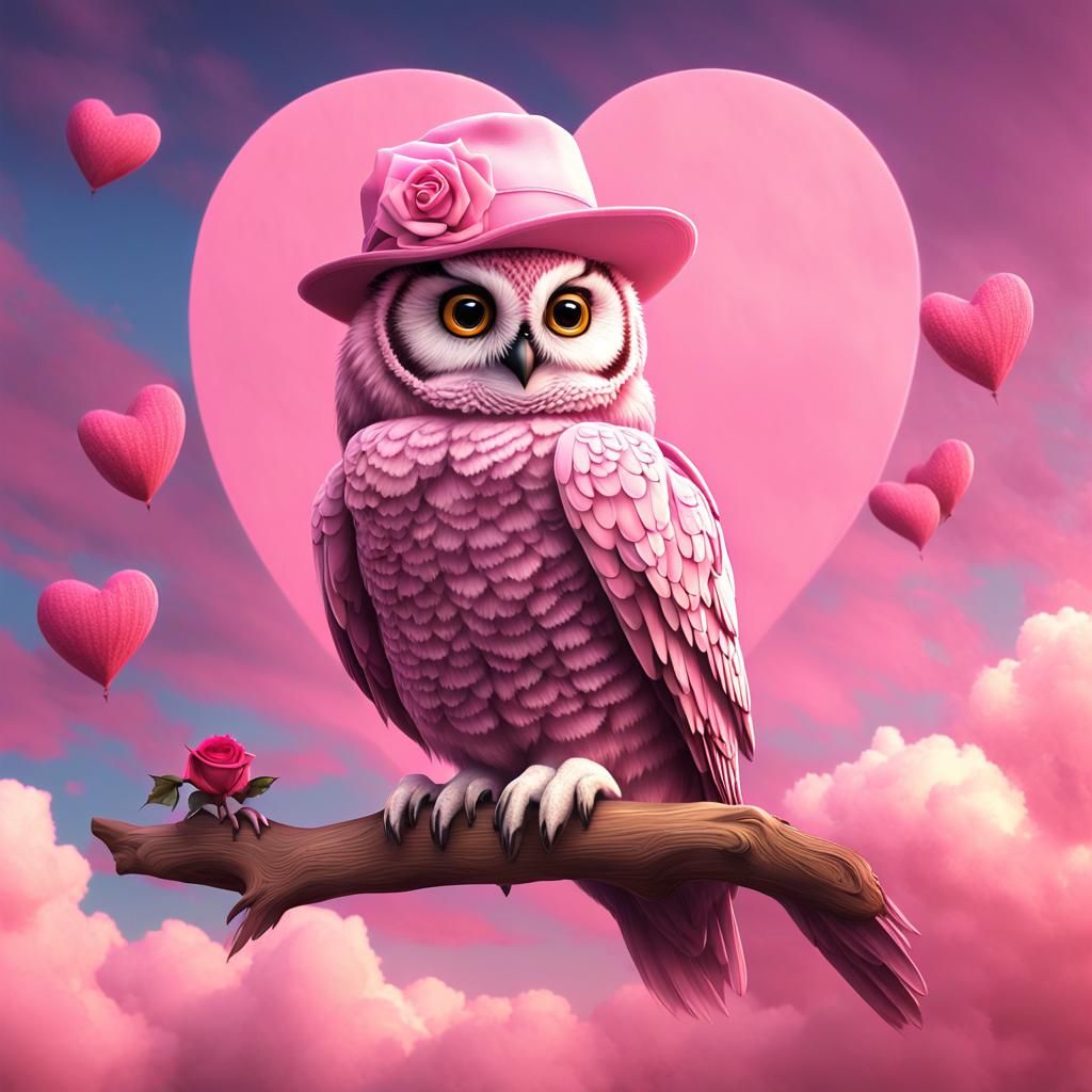 A pink lovely female Owl wearing a pink fedora.🦉🥰