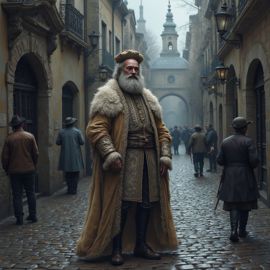 <lora:bildraum:1.0> A chevalier in a luxurious robe with lace cuffs and a feathered hat in medieval Paris. the wet surface gleams with silve...