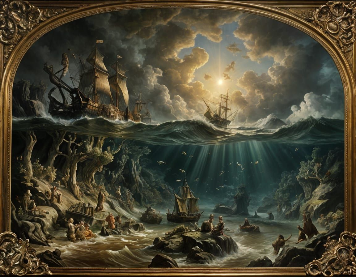 Jacob van Ruisdael and Rembrandt van Rijn. Underwater mermaid world 
after storm. 1608.   by @Kamienczanka