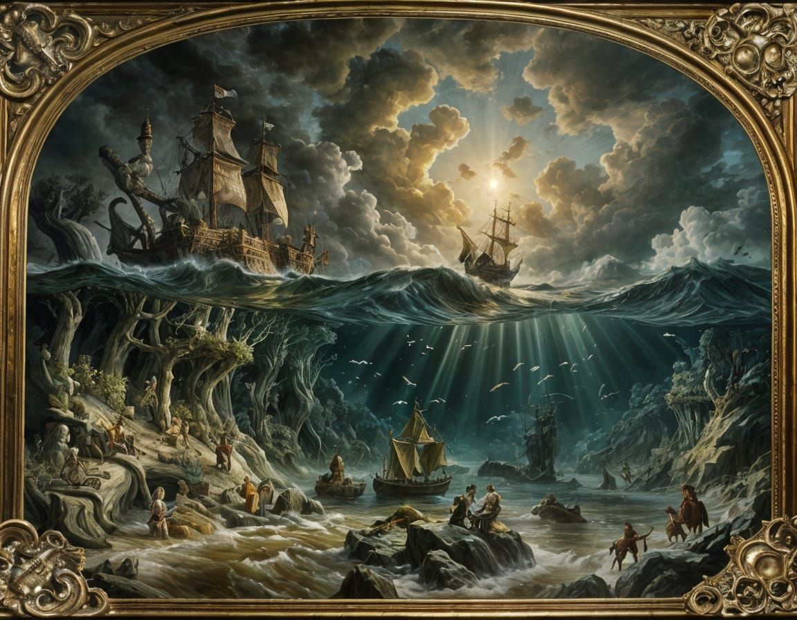 Jacob van Ruisdael and Rembrandt van Rijn. Underwater mermaid world 
after storm. 1608.   by @Kamienczanka