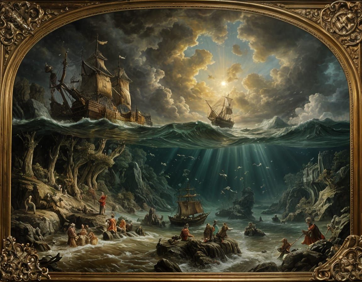 Jacob van Ruisdael and Rembrandt van Rijn. Underwater mermaid world 
after storm. 1608. Hues of gold, ...  by @Kamienczanka