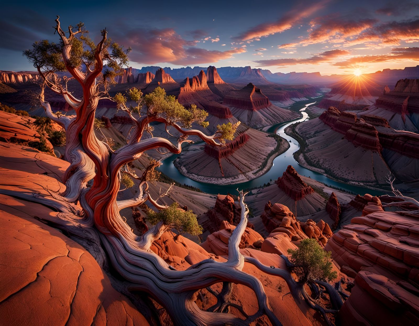 Gnarled trees in the foreground, Photorealistic, full hd, 24k image of blue river Majestic canyon vistas captured during...