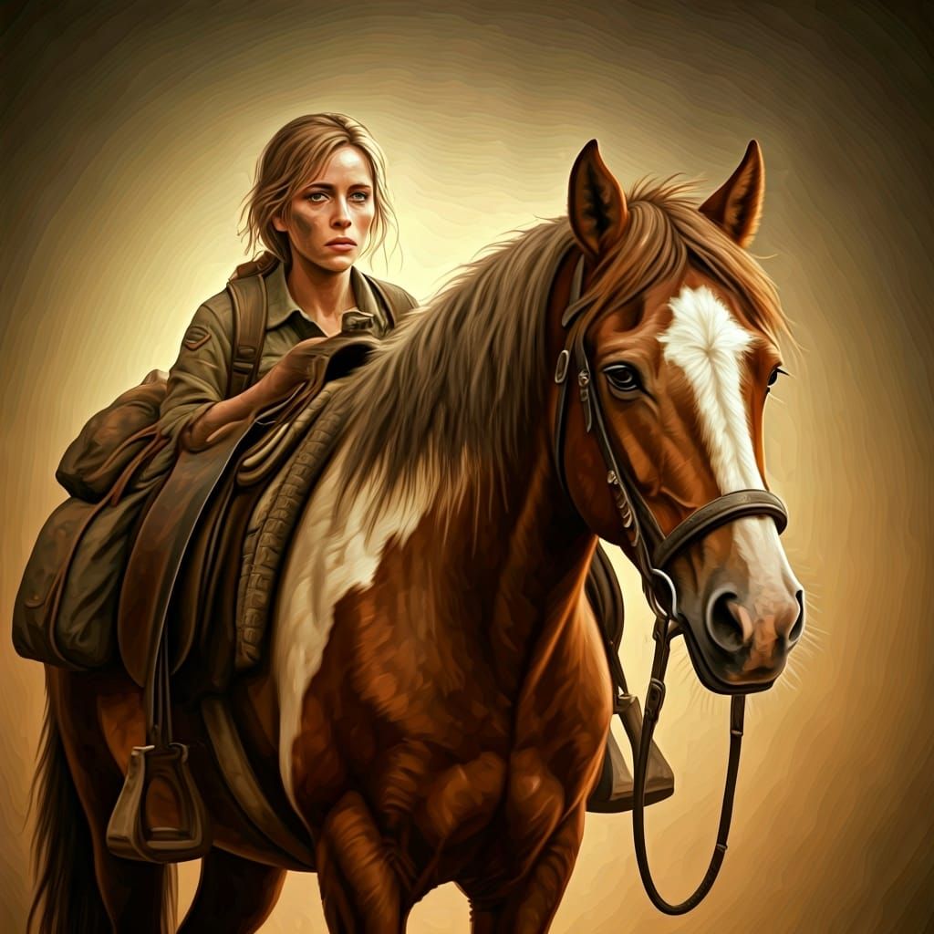 A short travel weary young woman with dirty blonde hair and weary eyes in a worn khaki uniform, leading a saddled scruff...