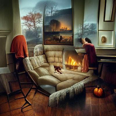 Armchair on a cozy rug by a roaring fire, by Gregory Crewdso...