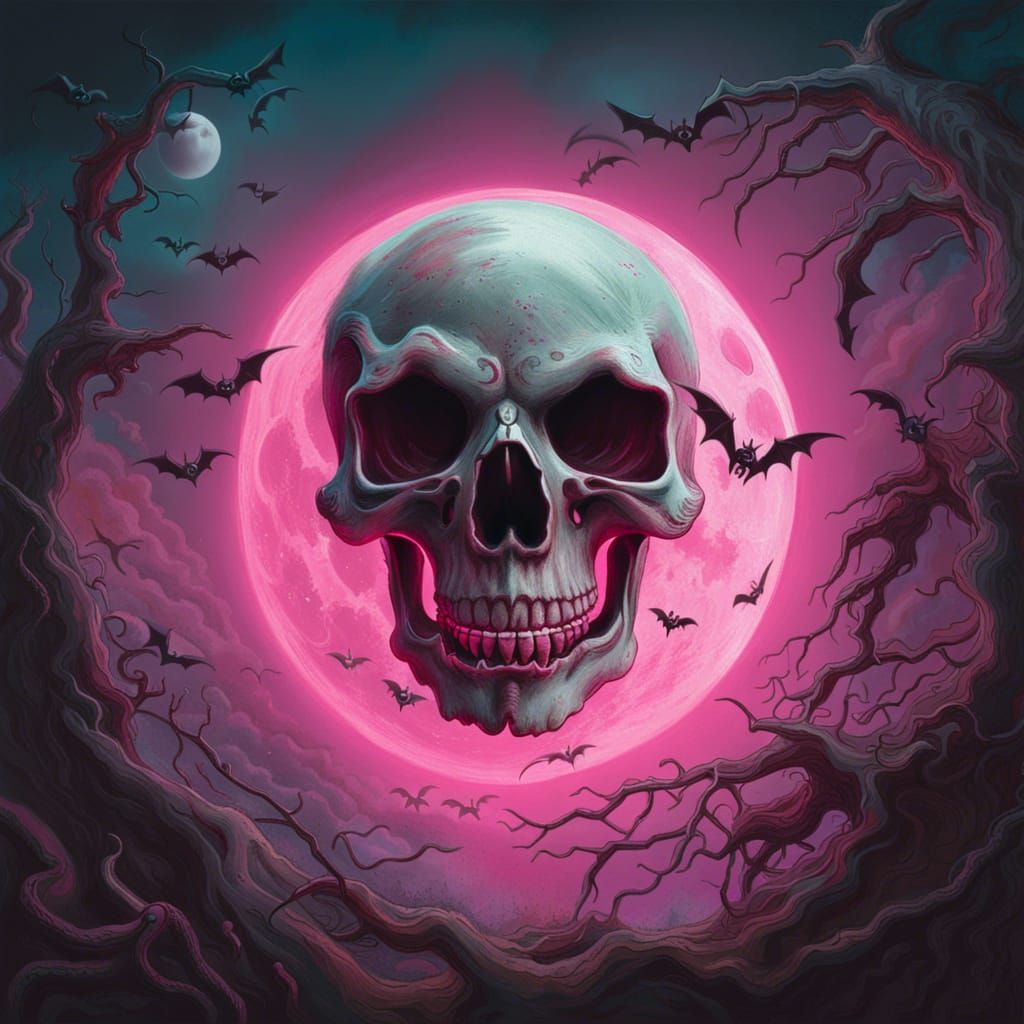 A ghost skull under a pink moon with bats flying by hyperdetailed