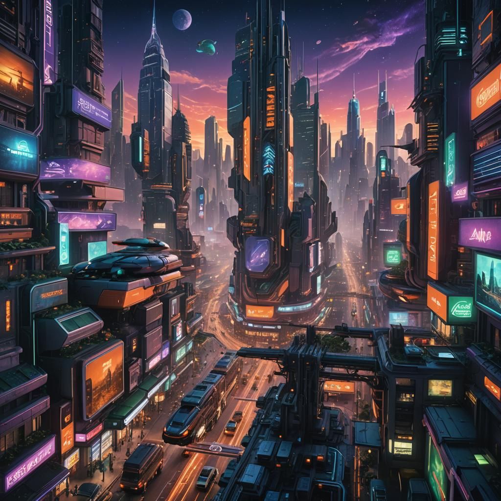 Futuristic Metropolis on Alien Planet in Matte Painting Styl...