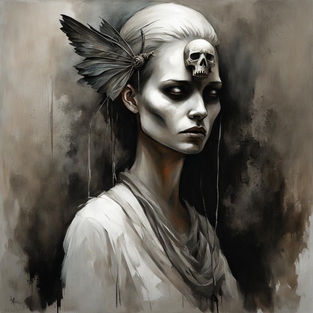 Girl with Death Mask (She Plays Alone) in the style of Eric