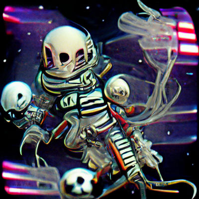 Scary skeleton astronaut in space cyberpunk
