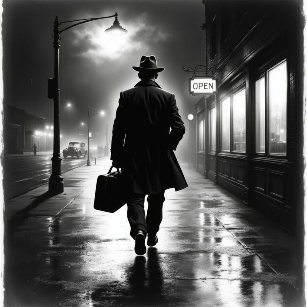 <lora:1930s noir:1.0> It is night and it has been raining.A man is walking down the street. Streetlights reflect in the wet street. The man ...