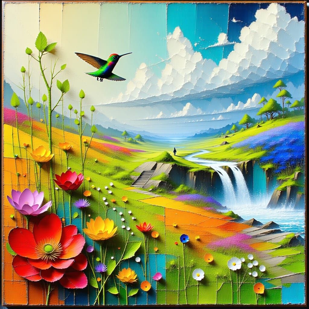 Vibrant Impasto Hummingbird in Flight with Blooming Flowers
