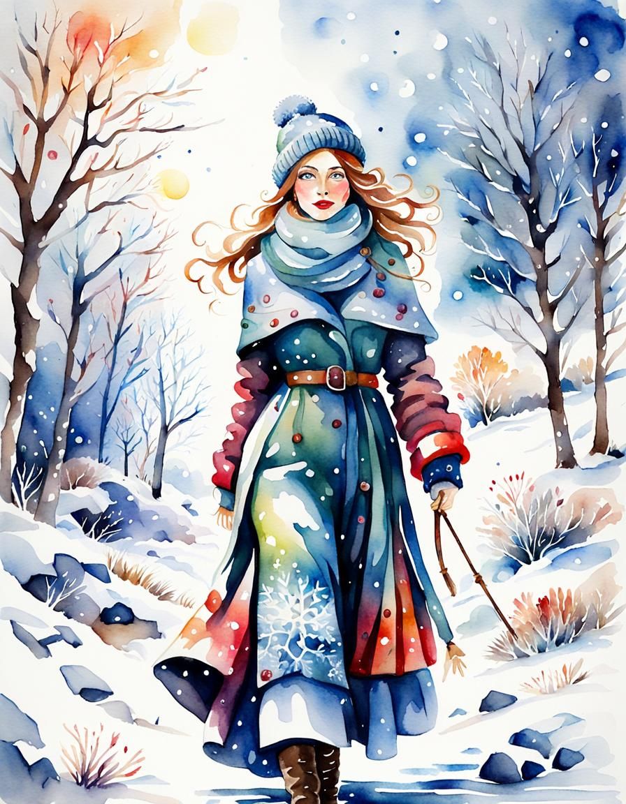 Watercolor Whimsical Woman wandering. Winter Wonderland. wide-angle.
