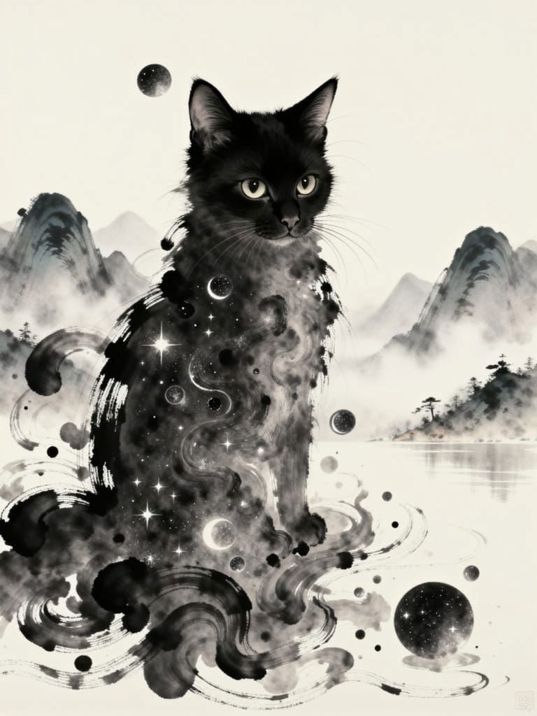 Black Cat in Chinese Watercolor Style with Ink Celestial Pat...