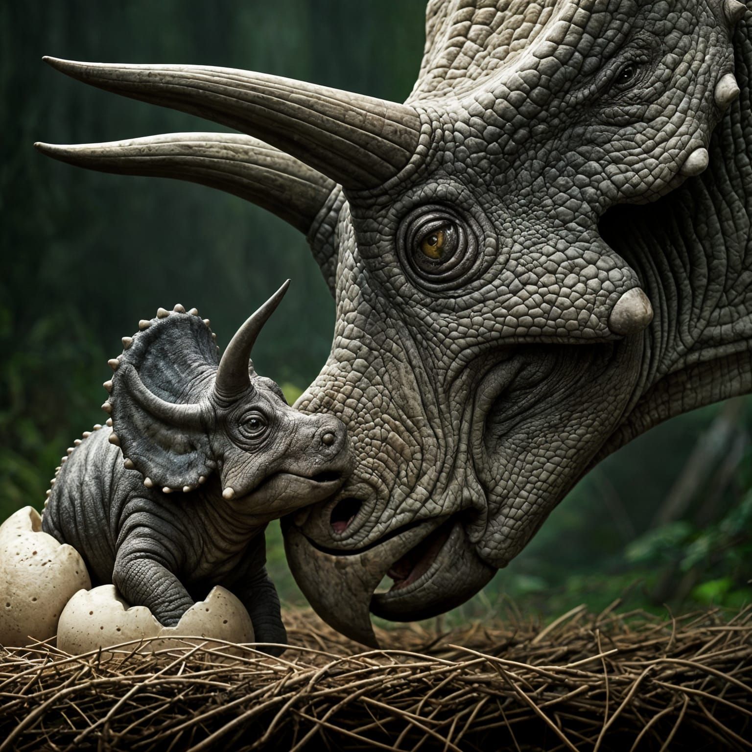 A closeup of a mother triceratops head resting caringly against her cute triceratops baby head. The baby is wet and newl...