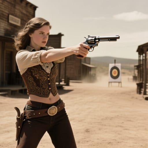 A young slimlady wearing a cowboy outfit, she is sportively shooting a revolver at the distance,wood,wester,relaistic,film,vintgae,sepia,
